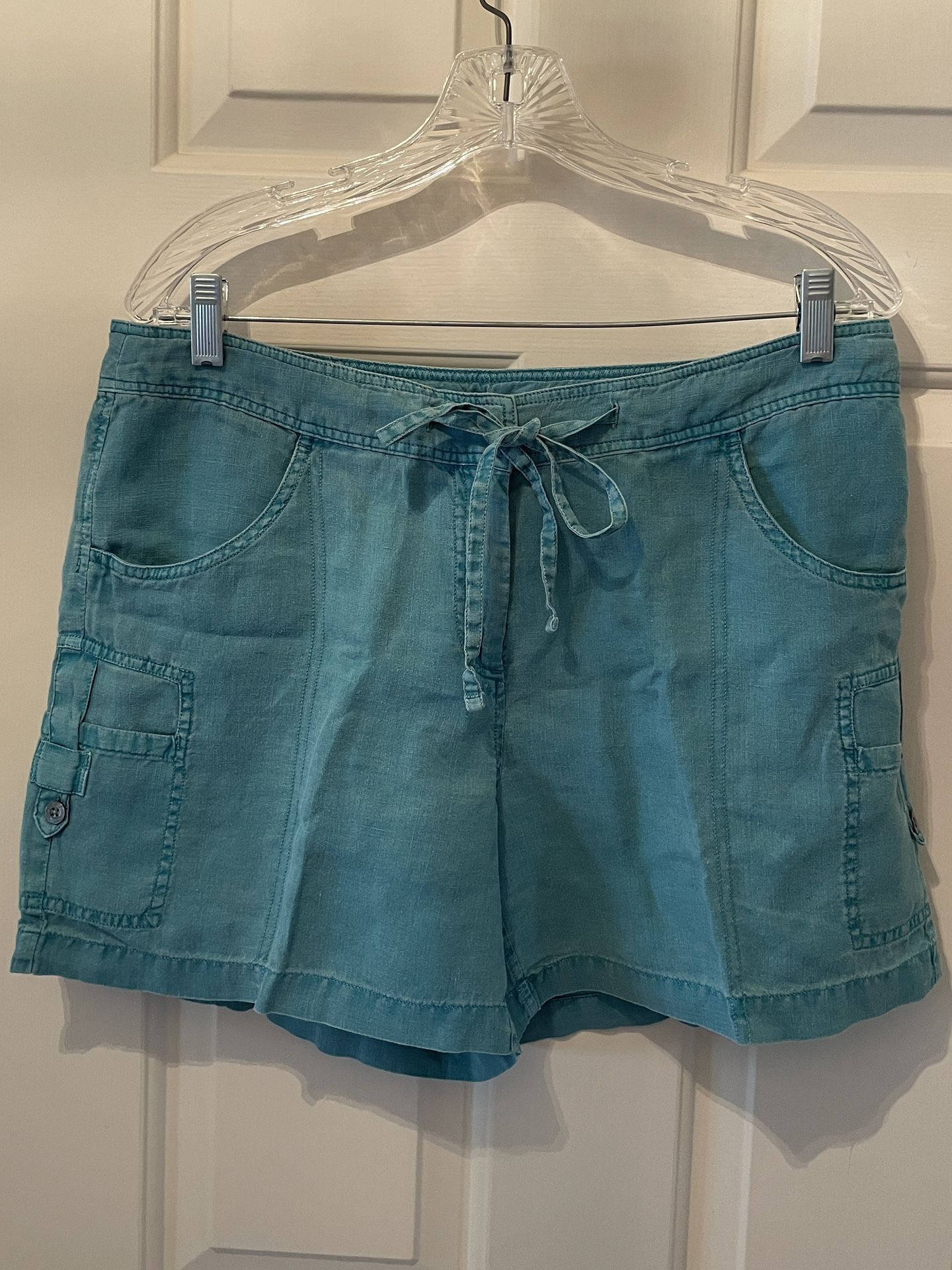 Tommy Bahama Relax Linen Cargo Shorts Women’s Size 10 Teal Drawstring Pockets
