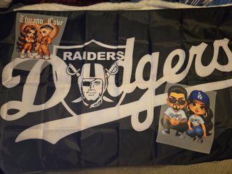 Dual Flag Raiders/Dodgers Bundle! 3ft x 5ft Flag and 2 10inch Iron-On Transfers