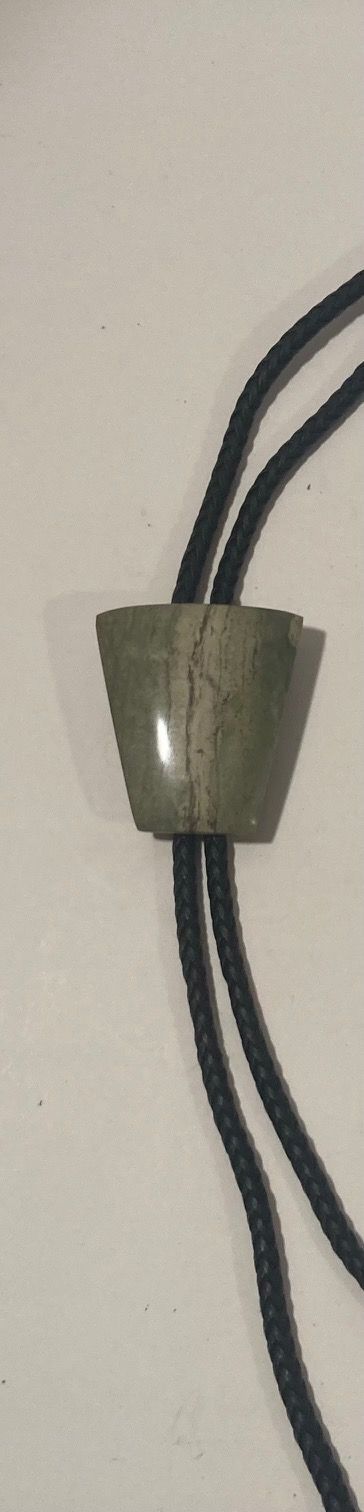 Vintage Metal Bolo Tie, Nice Green Stone, Bennett, Nice Design, 1 3/4" x 1 1/2", Quality, Heavy Duty, Made in USA, Country & Western, Cowboy, Western