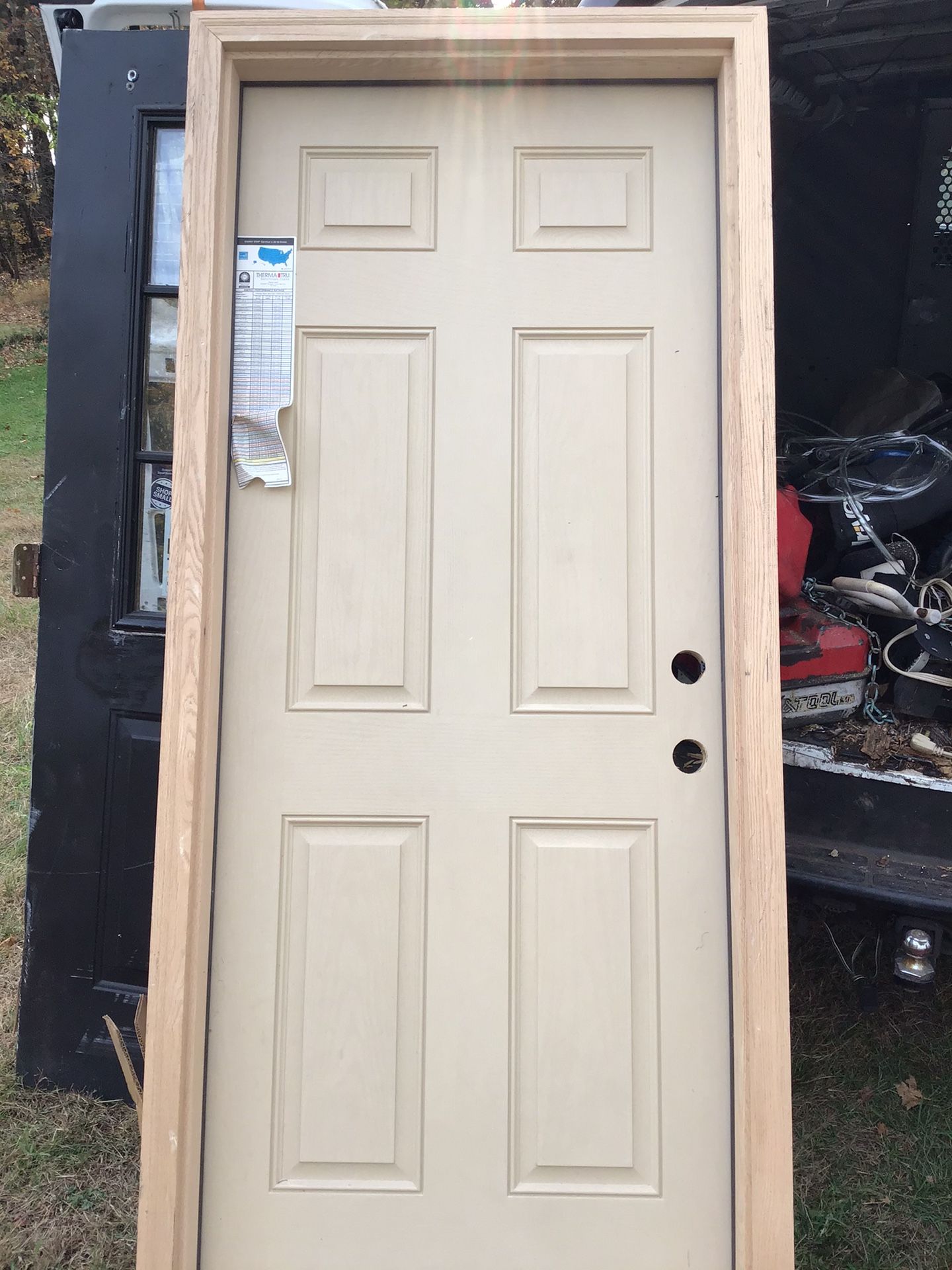 32”,solid core, fiberglass door. , solid Oak trim, energy rated exterior door, THC -M-5, Therma Tru Benchmark