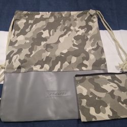 Gym Drawstring Backpack Canvas PU Leather Sports Bag with Inner Pocket and Key Chain Coin Purses