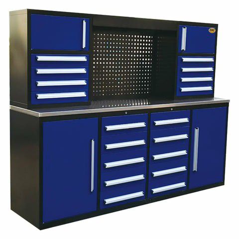 Chery Industrial 7' Garage Storage Cabinet with Workbench (18 Drawers & 4 Cabinets & Pegboard)


