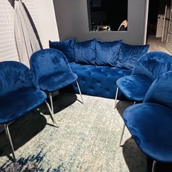 Navy Velvet Ottoman (bench) & 4 chairs with throw pillows