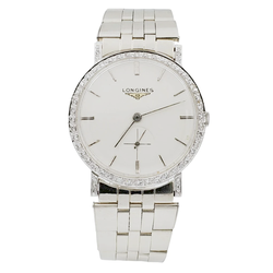 Men's Longines Vintage 32mm Watch with 14K White Gold Band, Egg Shell Dial and 18K White Gold Diamond Bezel. (Pre-Owned )