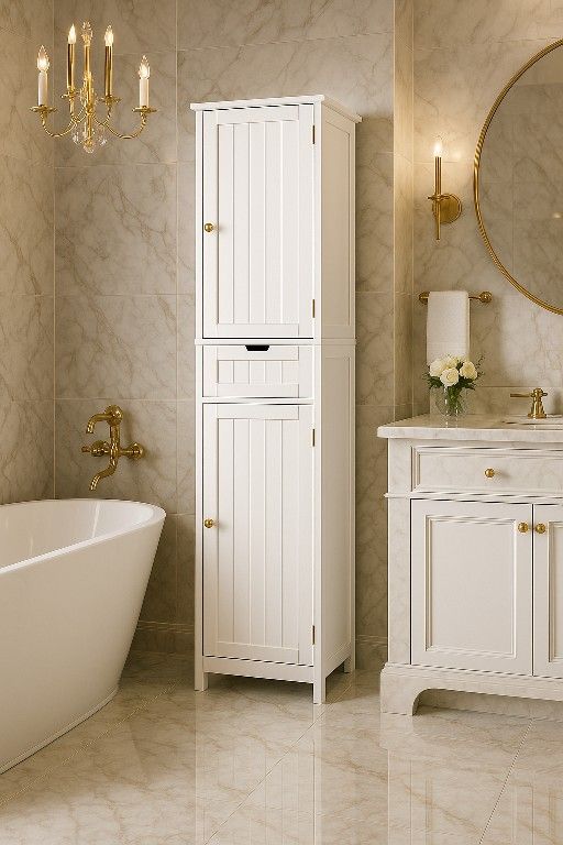 Bathroom Cabinet with 2 Doors & 1 Drawer, Narrow Bathroom Storage Cabinet with Adjustable Shelves, for Living Room, Entryway, Kitchen, White