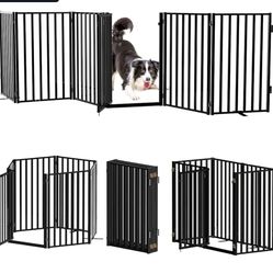 New Metal Freestanding Dog Gates 6 panels  with Door, 32" Height Dog Fences for Indoor & Outdoor, Extra Wide Foldable Pet Gates for Stairs, Hallways, 