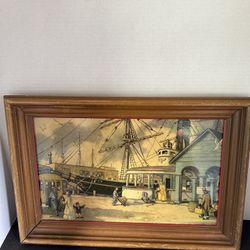 Vintage signed harbor maritime scene framed wall art 12 x 18