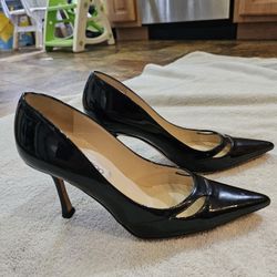 Jimmy Choo Black Patent Leather Aude Pointed Toe 3.5 Inch Heels, Size 35.5