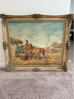 G. Lothauser 1917 European Village Scene Oil Painting Horses Cart Framed