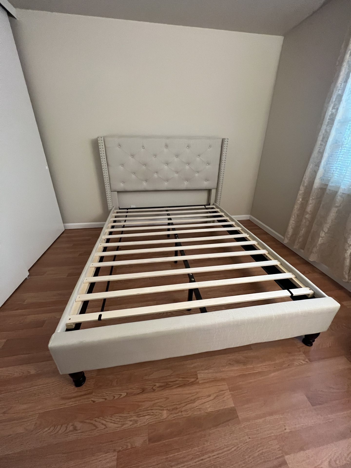 Home Life Premiere Classics Cloth Light Beige Cream Linen 51" Tall Headboard Platform Bed with Slats Queen - Complete Bed