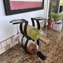 Rustic Western Horseshoe Wine Rack Bottle And Glass Holder