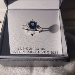 Sapphire Sterling Silver Ring Size 9 Lab Created Sapphire 