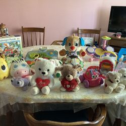 Toys:  Stuffed Animals, Puzzles, Musical Drum Set, Little People Swing Set, Etc $1-$3