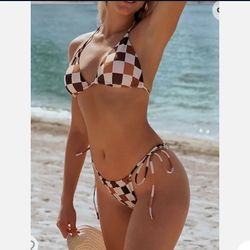Plaid Checkerboard Halter Bikini Swimwear Coffee