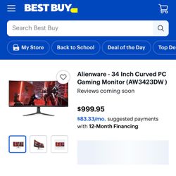 Alienware 34” Curved 2k Monitor 175hz