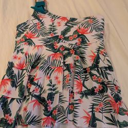 Tropical Print One Shoulder Swim Top