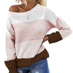 Women’s Casual Striped Color Block Knit Sweater Long Sleeve Crew Neck Loose Pullover Tunic Blouse Tops Pink (Small)