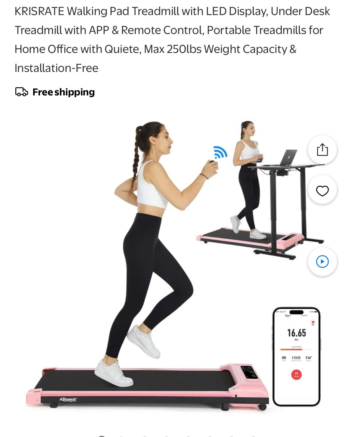 KRISRATE Walking Pad Treadmill with LED Display, Under Desk Treadmill with APP & Remote Control, Portable Treadmills for Home Office with Quiete, Max