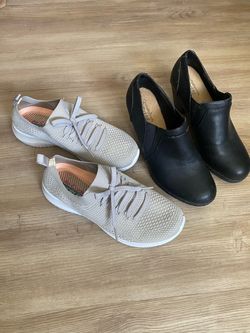 Two Pairs of Women's Shoes Skechers tennis shoes and blackOrtholite booties