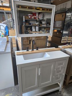 36inch White Bathroom Vanity with Sink and Mirror
