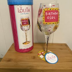 Lolita Wine Glass 15 Oz Love My Wine "Birthday Girl" Hand-Painted In Box Recipe