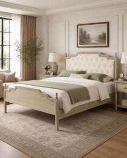 New Queen Size Elegant Upholstered Platform Bed Frame with Button Tufted Headboard, Vintage French Country Wood Bed, Cream Finish
