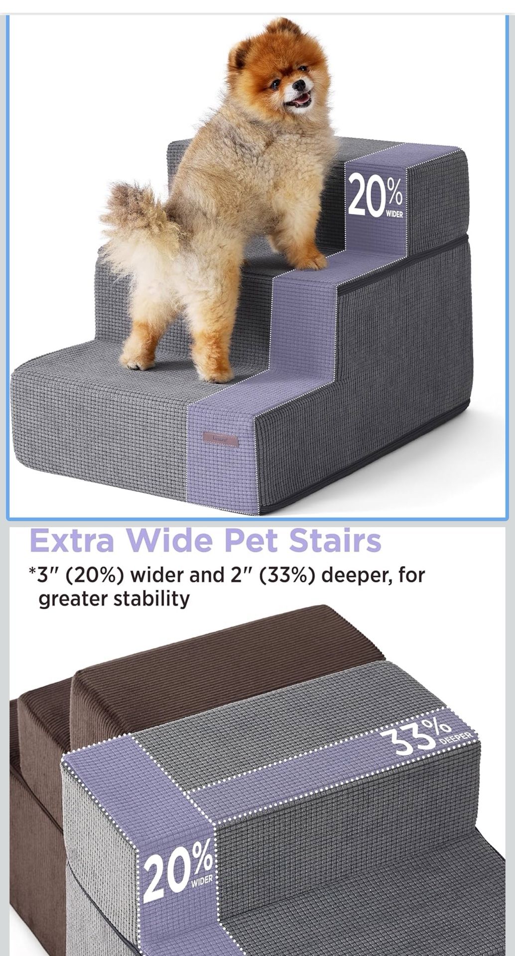 Lesure Dog Stairs for Small Dogs and Cats 16.5" H x 18" W Extra Wide 3-Step Foldable Foam Pet Steps for Couch Sofa and Chairs with Supporting Board an