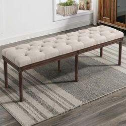 60" Fabric End of Bed Bench, Upholstered Tufted French Bedroom Bench. Linen 