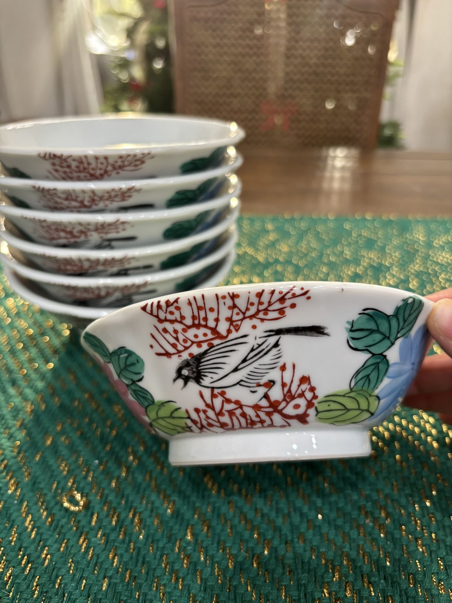 Seven Vintage Porcelain Japanese Hand Painted Bird And Floral Rice Bowls