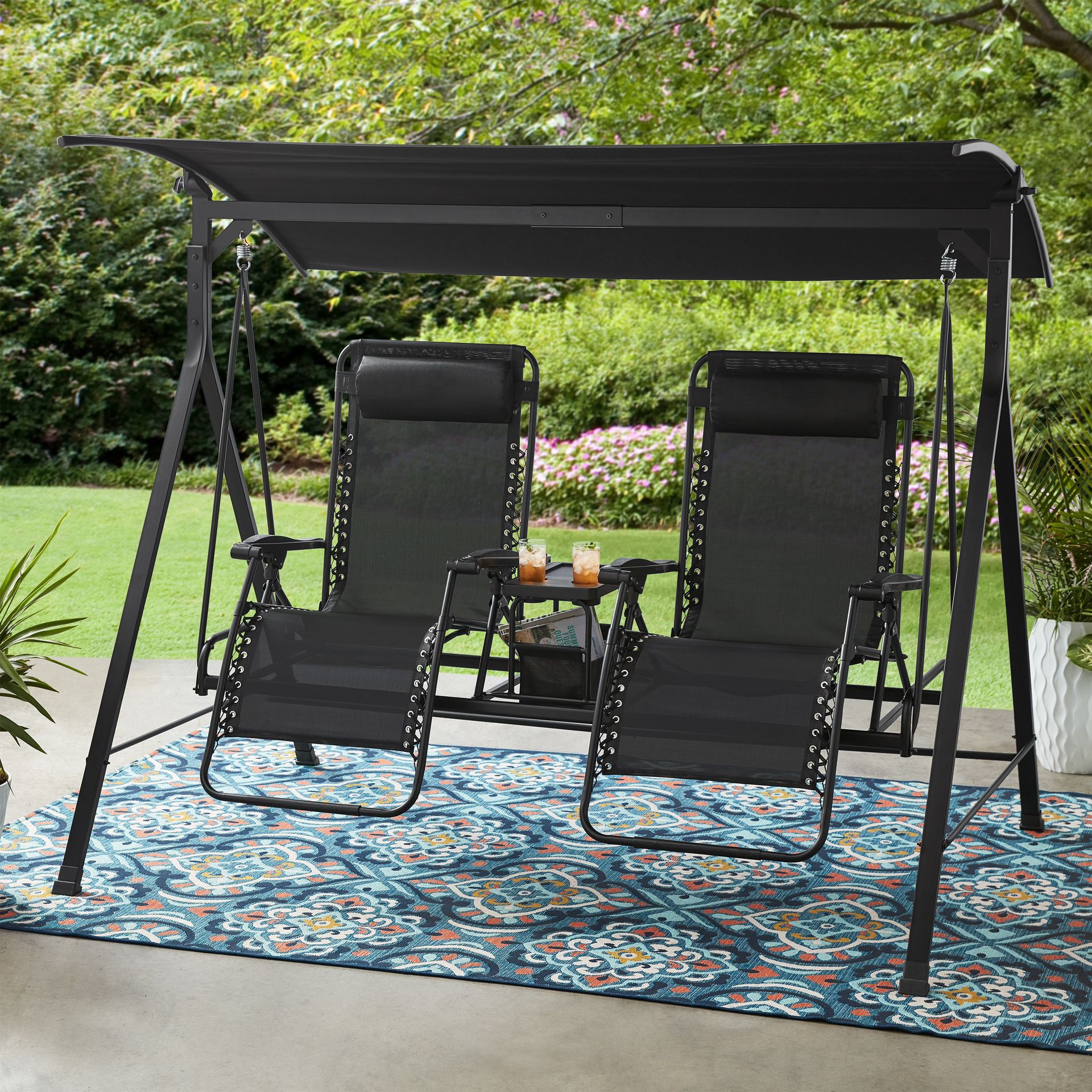 Mainstays Zero-Gravity Steel Porch Swing, Multiple Colors Black - 90.55*58.27*72.44