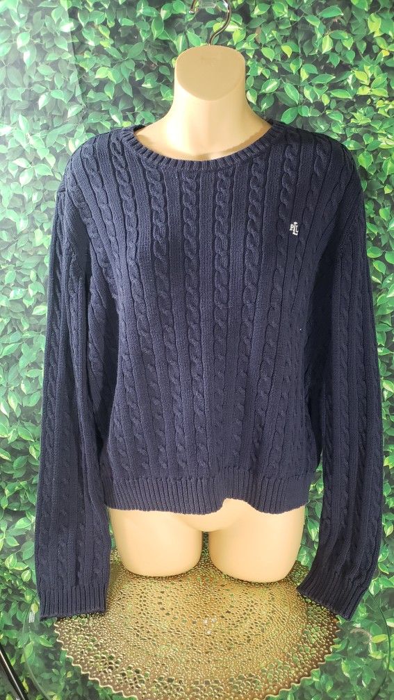 VTG RALPH LAUREN WOMEN'S Large NAVY BLUE 100% Cotton Cable Knit Sweater