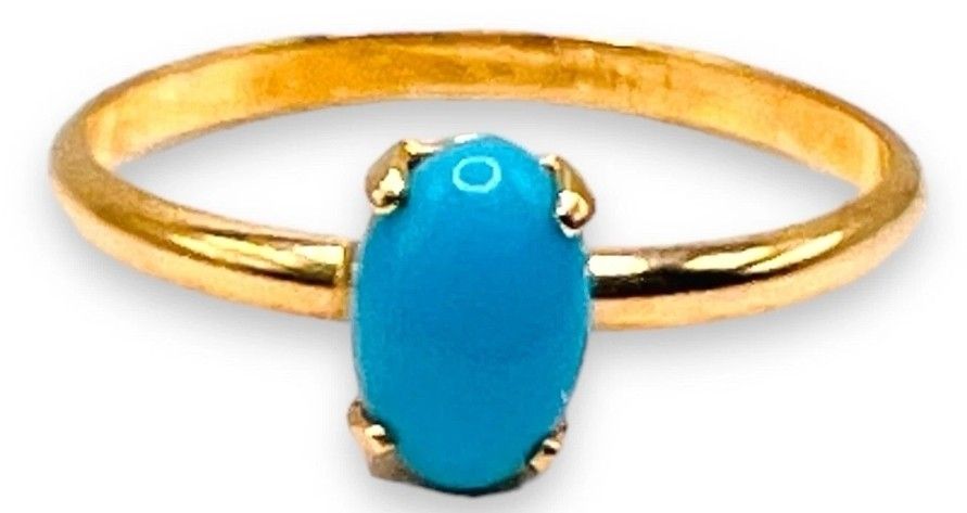 10K Yellow 10k Gold Turquoise Blue Oval Solitaire Ring SZ 3.5