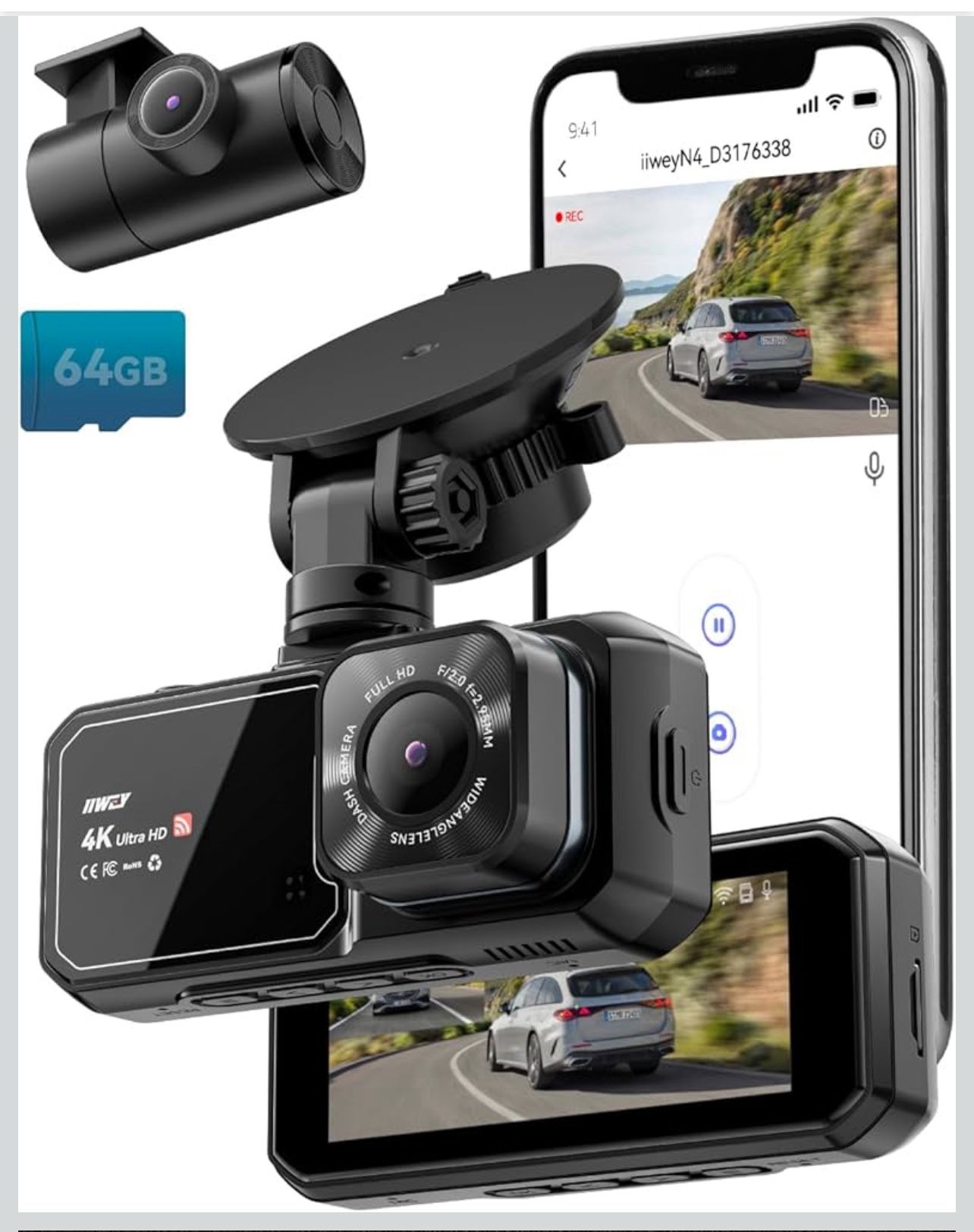 IIWEY 4K Dash Cam Front and Rear for Cars, Dual UHD Camera with WiFi, Free 64GB Card, 3.16" IPS, G-Sensor, Parking Mode, Loop Recording, WDR