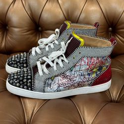 Christian Louboutin Spike Studs Sequin & Glitter High-Top Sneakers Men's Size 47