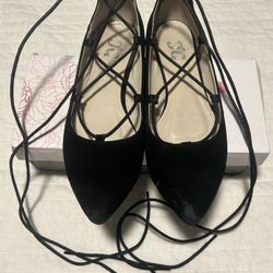 Size 8 black lace up ankle ballerina flats pointed toe work casual