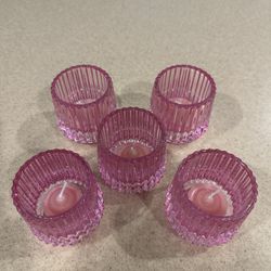 Set Of 5Pink Rose Votive Holders And  Candles - Rose Scented  Votives- New 