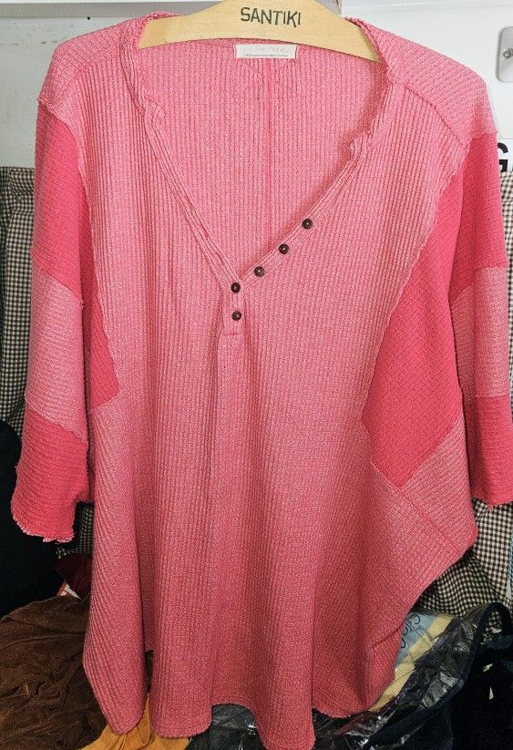 Free People We The Free Waffle Knit Henley Tunic Top Oversized Asymetrical L