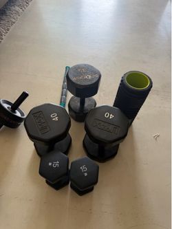 Home Gym Weight Set + Accessories — MUST GO TODAY  $125 OBO — Pickup Today  Great home workout bundle. Everything pictured included:  * Pair of 40 lb 