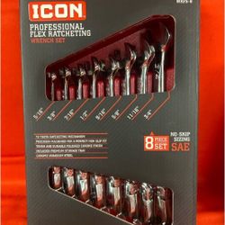 Brand New Icon Eight Piece Flex Ratcheting Wrench Set Standard