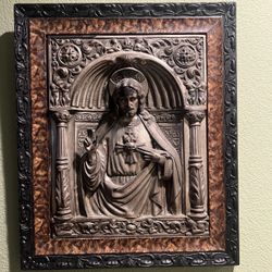 Ornate Antique Embossed Metal Statue Icon Of Jesus  18”x15” 
