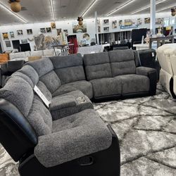 Grey And Black Sectional With Manual Recliner