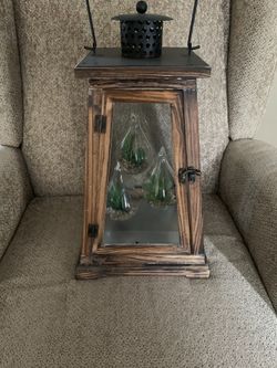 Lantern with 3 faux plants centerpiece or home decor