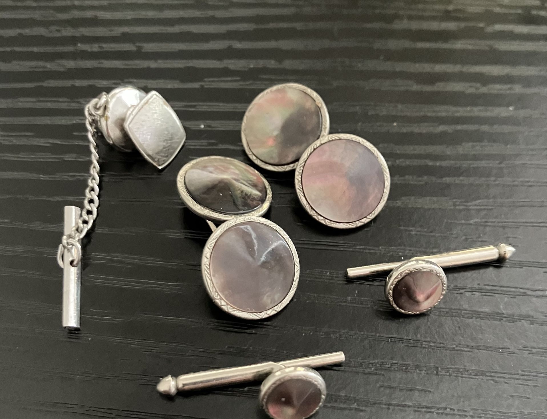 Vintage Swank Mother of Pearl Silver Tone Cufflinks & Tux Studs & tie clip