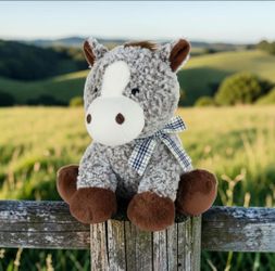 12" Sitting Horse Brown/White Plaid Bow Plush Stuffed Animal Toy Walmart Tagged. The highlighted item is a Walmart brand 12-inch Sitting Horse plush s