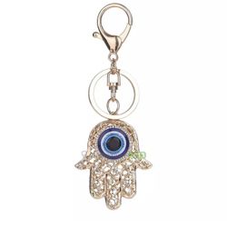 Blue Gold Crystal EVIL EYE HAMSA HAND KEYCHAIN  Purse Backpack Luggage TAG 