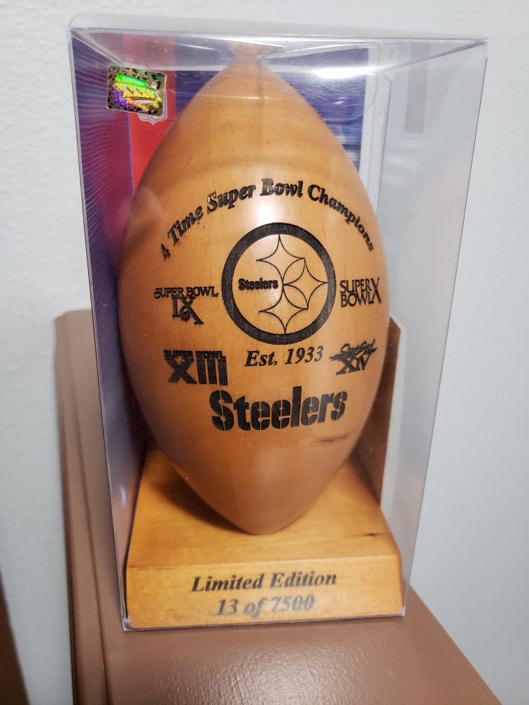 Pittsburgh Steelers 4 Time Super Bowl Champions Grid Works Wooden Football W COA