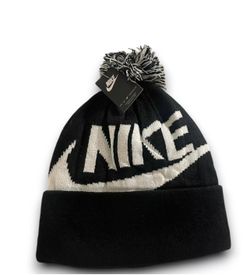 Nike Knit Beanie Youth Black & White Hat Cuffed Beanie One Size Pom Cuff Winter