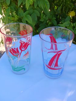 TUMBLERS, RED TULIPS AND RED SAILBOAT,  GLASS