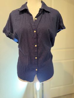 Navy Blue Short Sleeve Button-Up Blouse