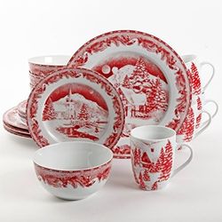 Gibson Elite Winter Cottage 16 Piece Dinnerware Set, Red 